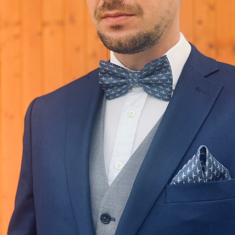 Modrý set kravata, pánský i dětský motýlek a kapesník Letadlo 