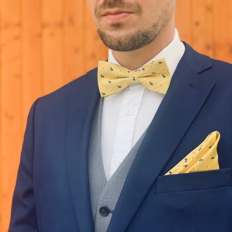 Žlutý set kravata, pánský i dětský motýlek a kapesník Pes 