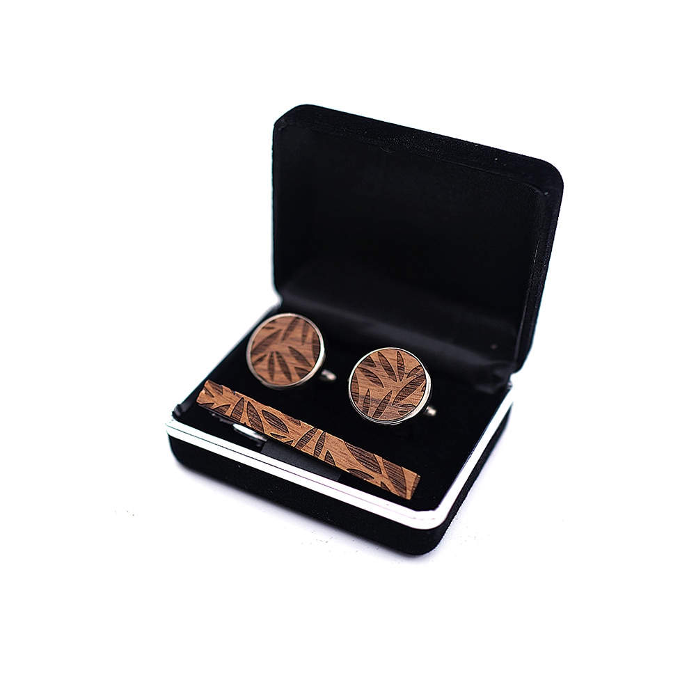 Dřevěný set - manžetové knoflíčky + spona na kravatu Leaf 