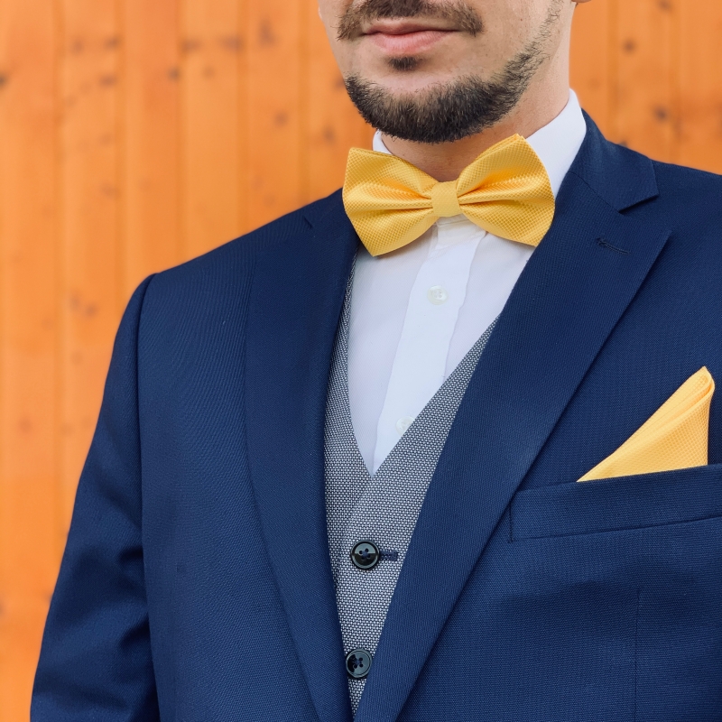 Žlutý set kravata, motýlek, kapesník a manžetové knoflíčky Plaid