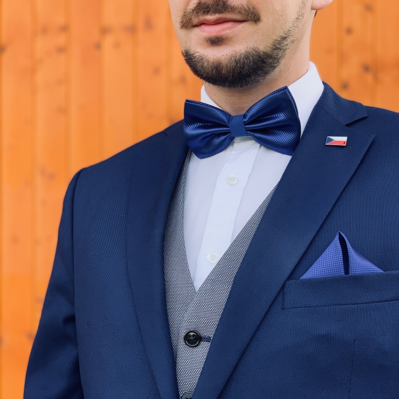 Modrý set kravata, motýlek, kapesník a manžetové knoflíčky Plaid