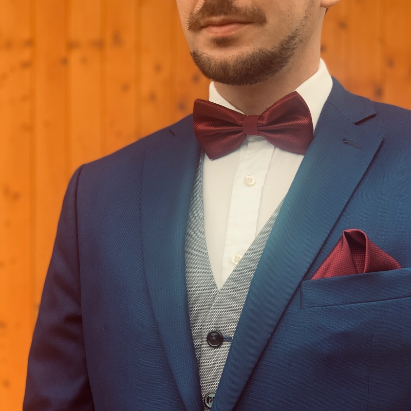 Rudý set kravata, motýlek, kapesník a manžetové knoflíčky Plaid