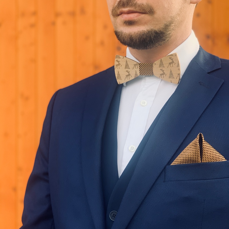 Dřevěný vánoční set - motýlek Jelen a stromeček + manžetové knoflíčky + kapesník