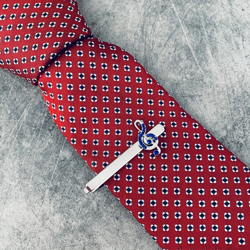 Stříbrný set - spona na kravatu a manžetové knoflíčky Houslový klíč modrý