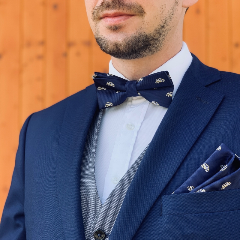 Modrý set - kravata, motýlek a kapesník Automobil 