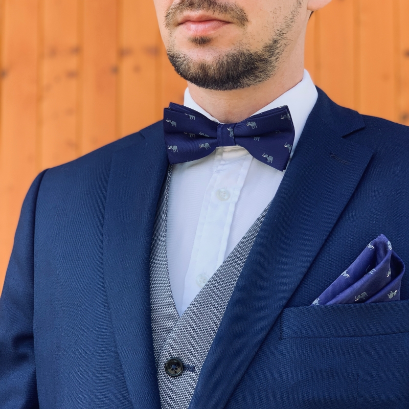 Modrý set - kravata, motýlek a kapesník šedý Slon 