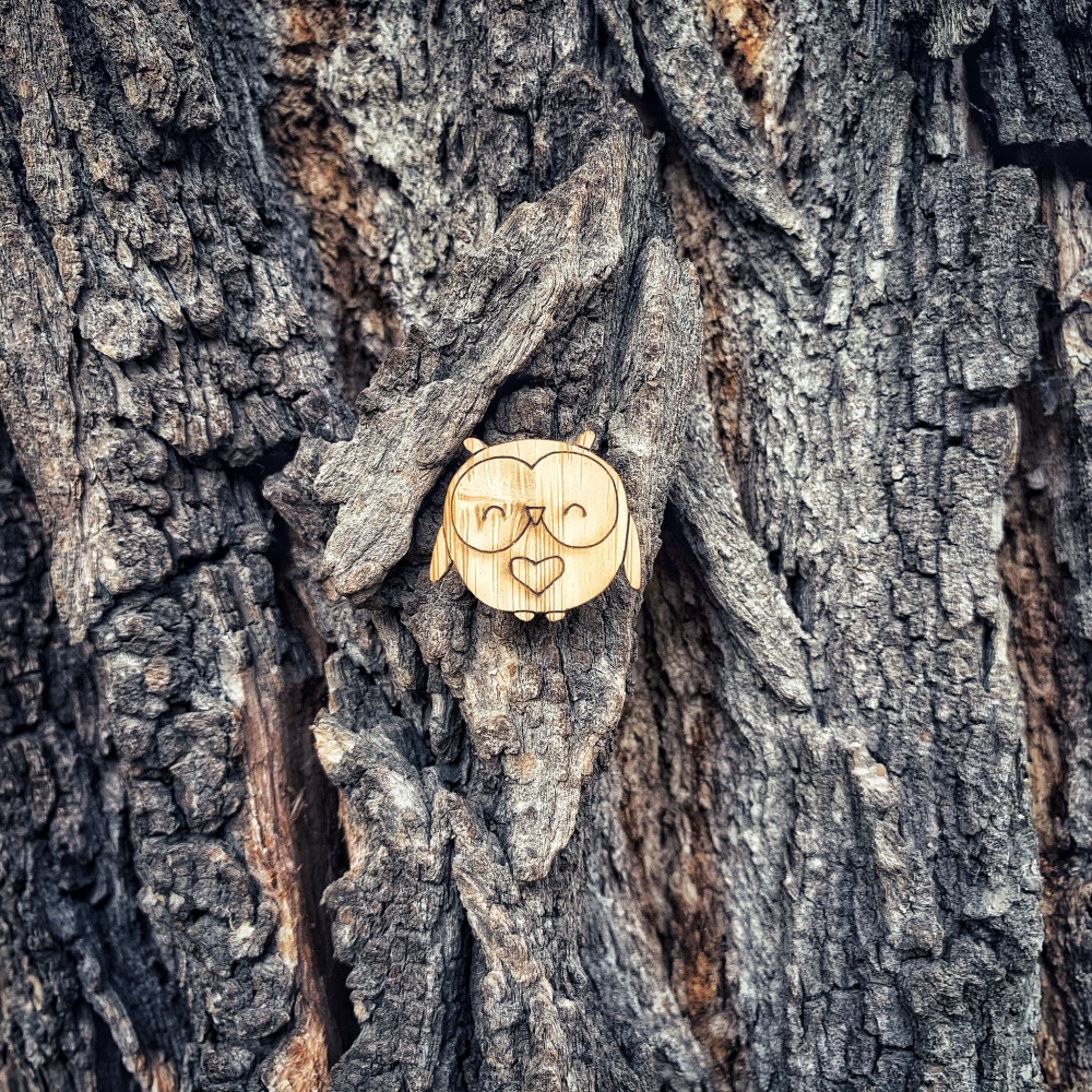 Dřevěná brož Sova love 