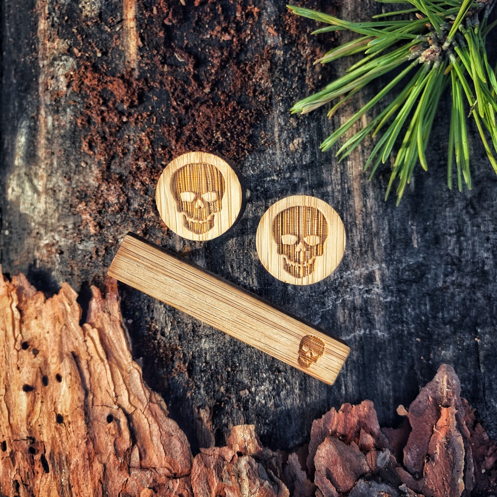 Dřevěný set - spona na kravatu a manžetové knoflíčky Skulls