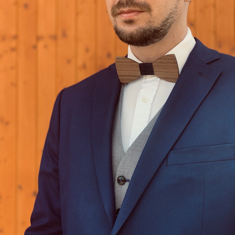 Dřevěný pánský set - motýlek Classic Denim + manžetové knoflíčky 