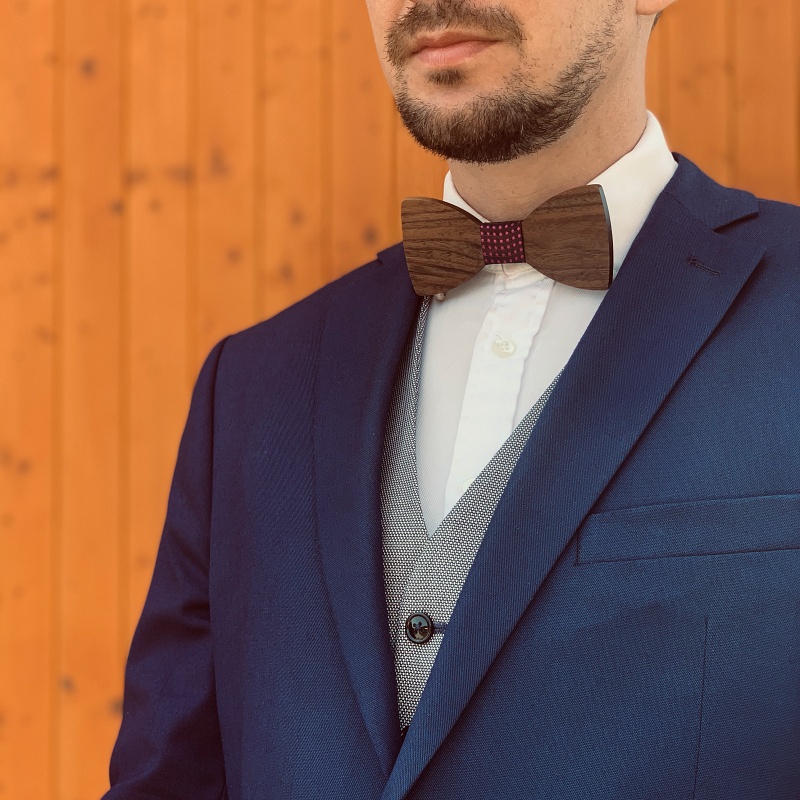 Dřevěný pánský set - motýlek Classic Pink dot + manžetové knoflíčky 