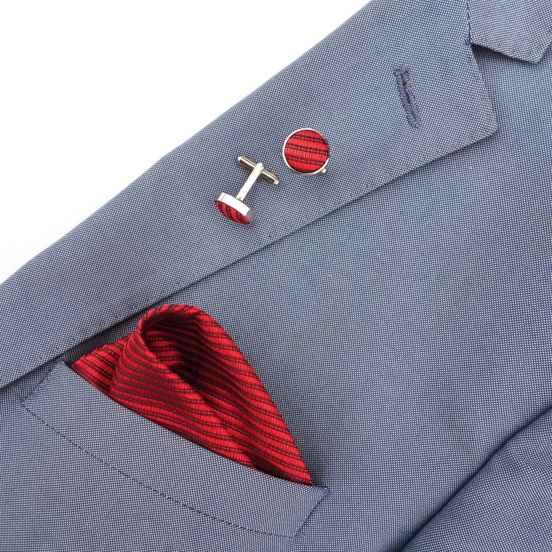 Červeno - černý set kravata, kapesník a manžetové knoflíčky Stripe