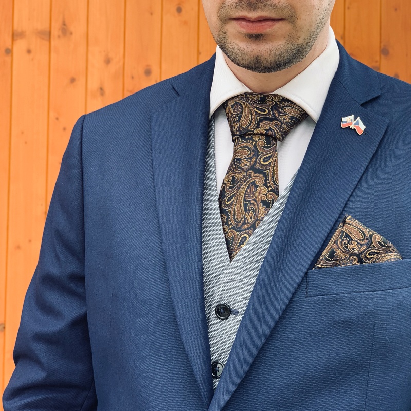 Hnědo - zlatý set kravata, kapesník a manžetové knoflíčky Vintage 