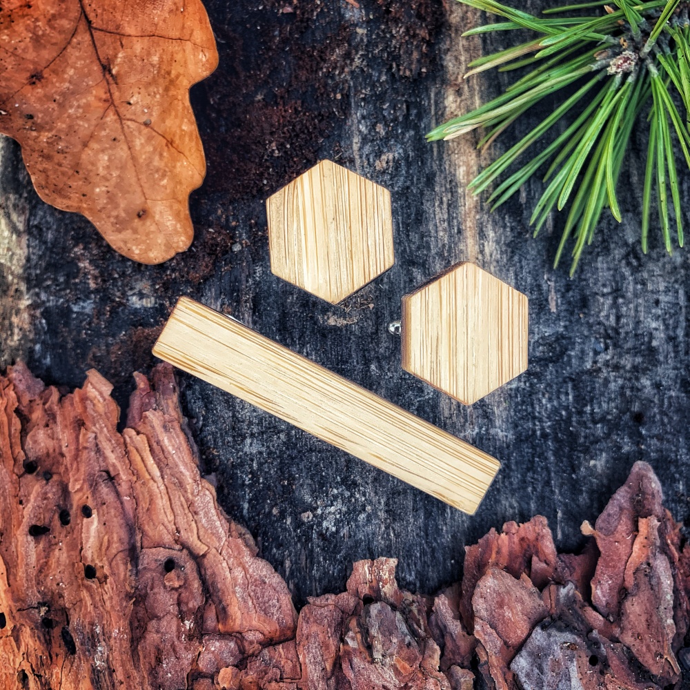 Dřevěný set - spona na kravatu a manžetové knoflíčky Šestiúhelník 