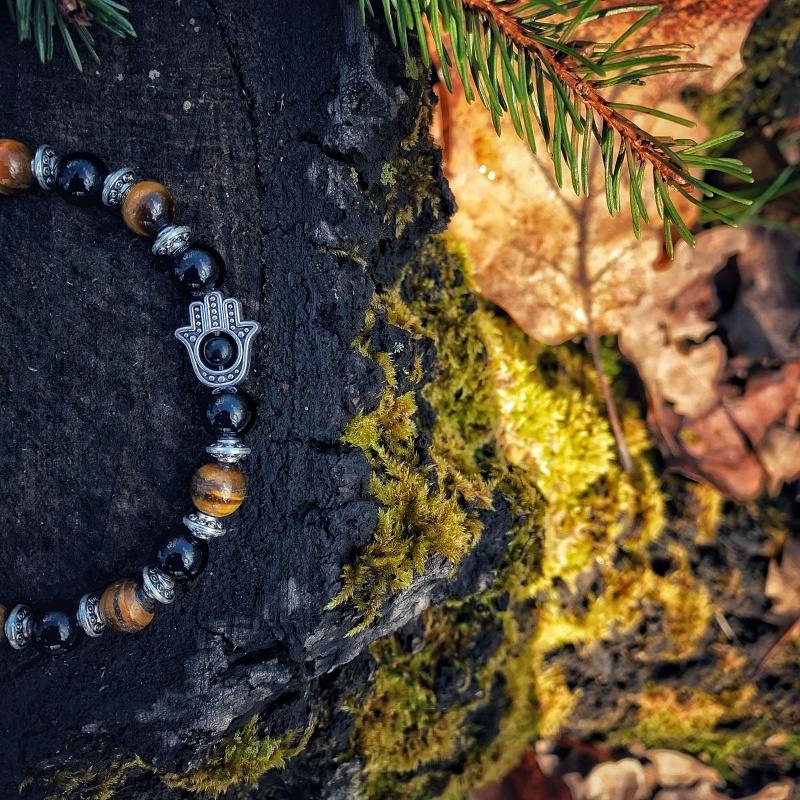 Černo - hnědý náramek stříbrná Fatimina ruka