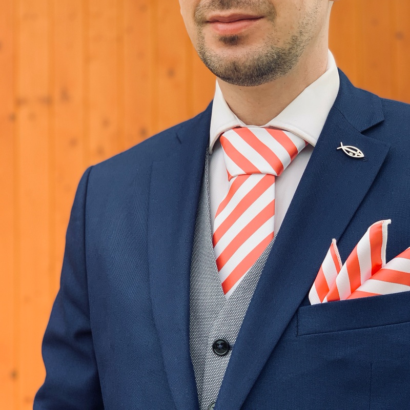 Růžovo - bílý set kravata, kapesník a manžetové knoflíčky Stripe 