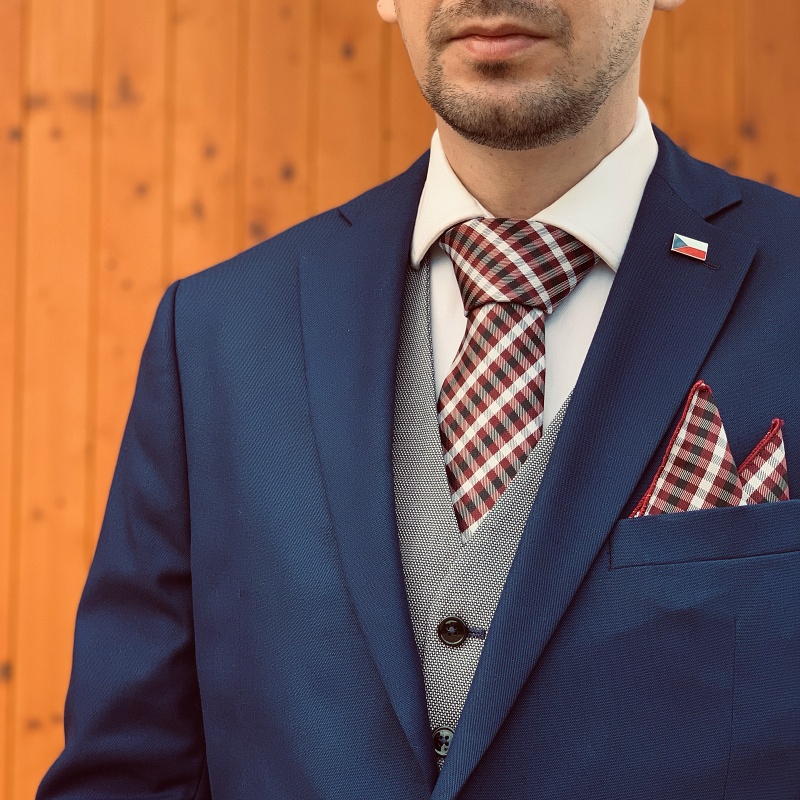 Rudo - stříbrno - černý set kravata, kapesník a manžetové knoflíčky Kostičky 