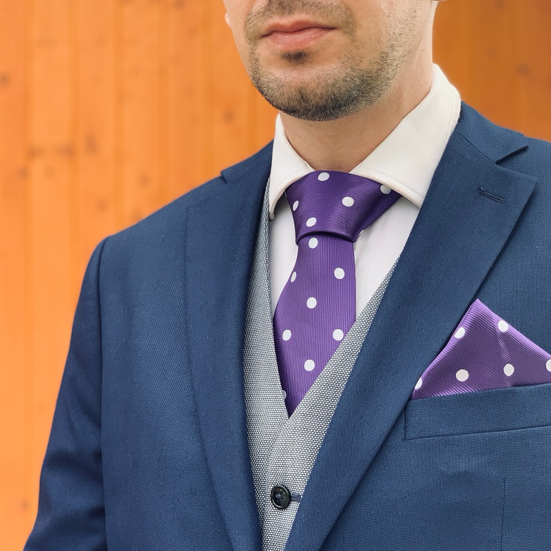 Fialový set kravata, kapesník a manžetové knoflíčky Big dot