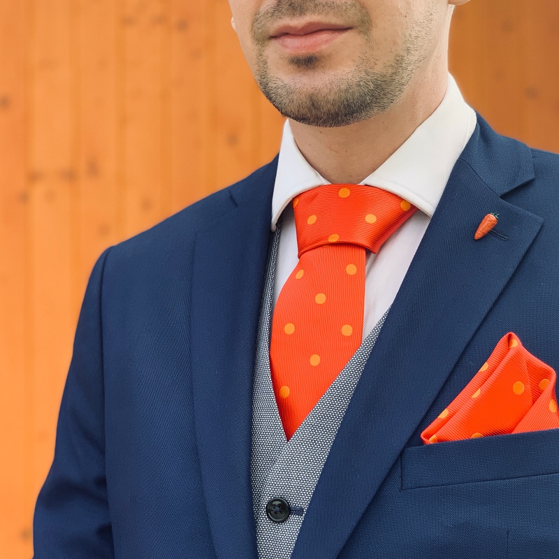 Červeno - oranžový set kravata, kapesník a manžetové knoflíčky Big dot