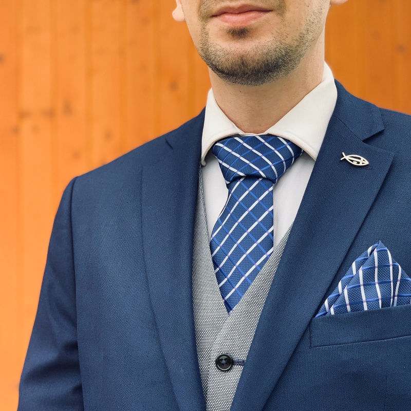 Modrý set kravata, kapesník a manžetové knoflíčky Mřížka