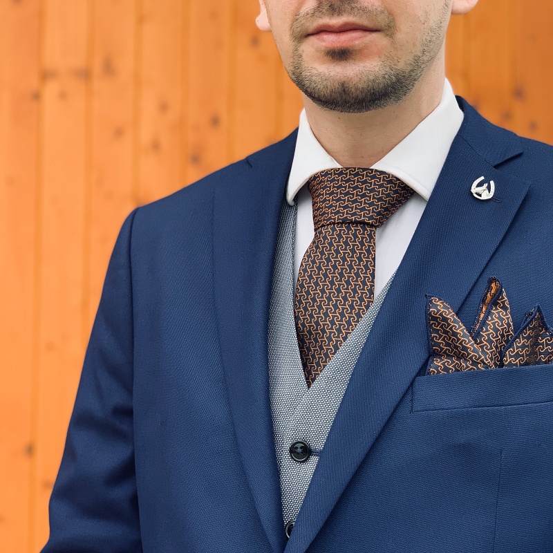 Modro - oranžový set kravata, kapesník a manžetové knoflíčky Waves