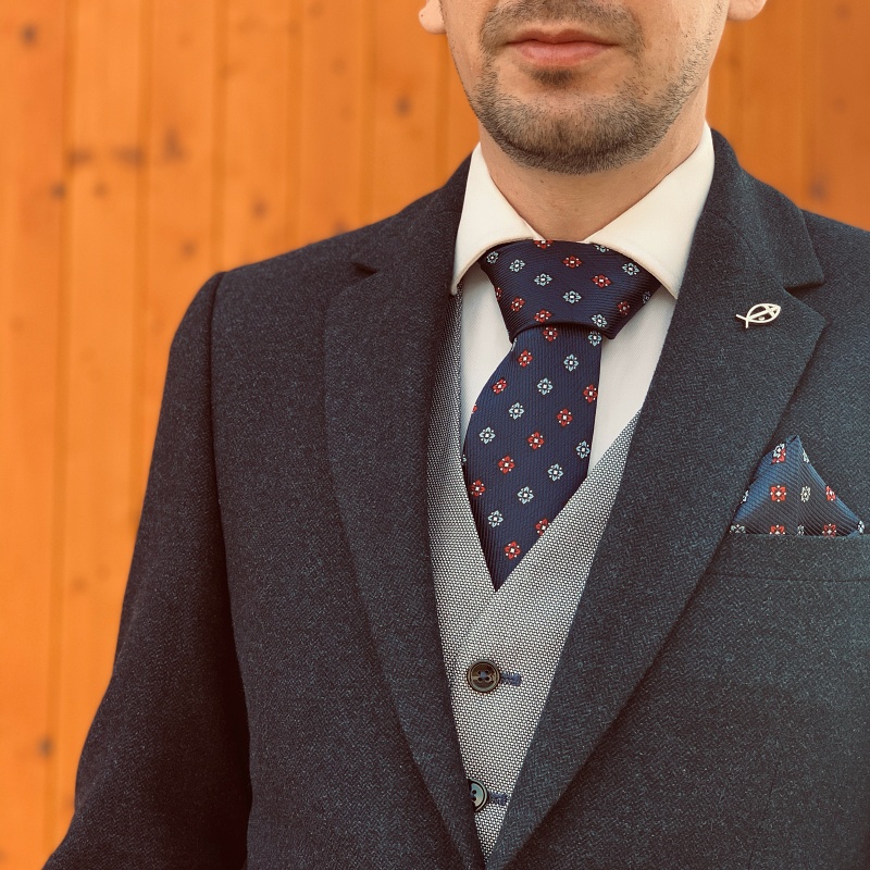 Modrý set kravata, kapesník a manžetové knoflíčky Emblems