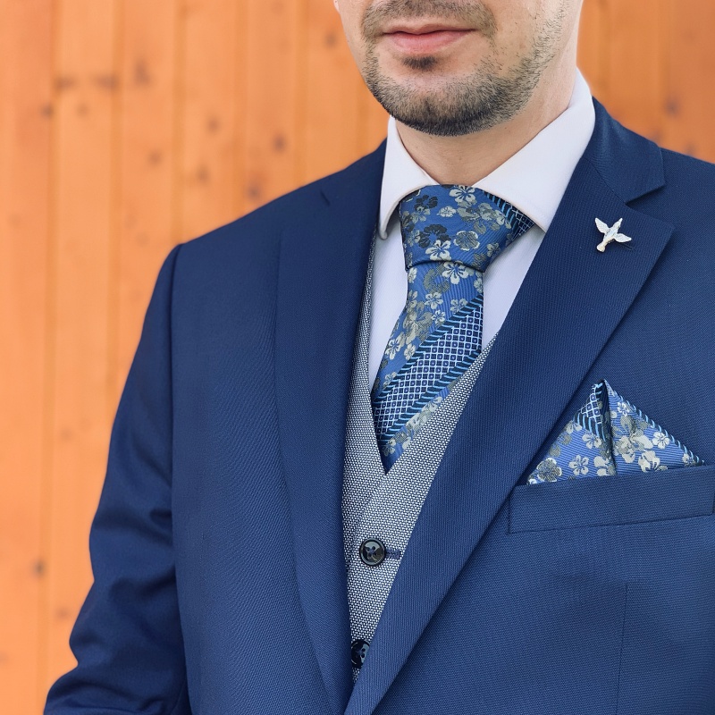 Modrý set kravata, kapesník a manžetové knoflíčky Flowee