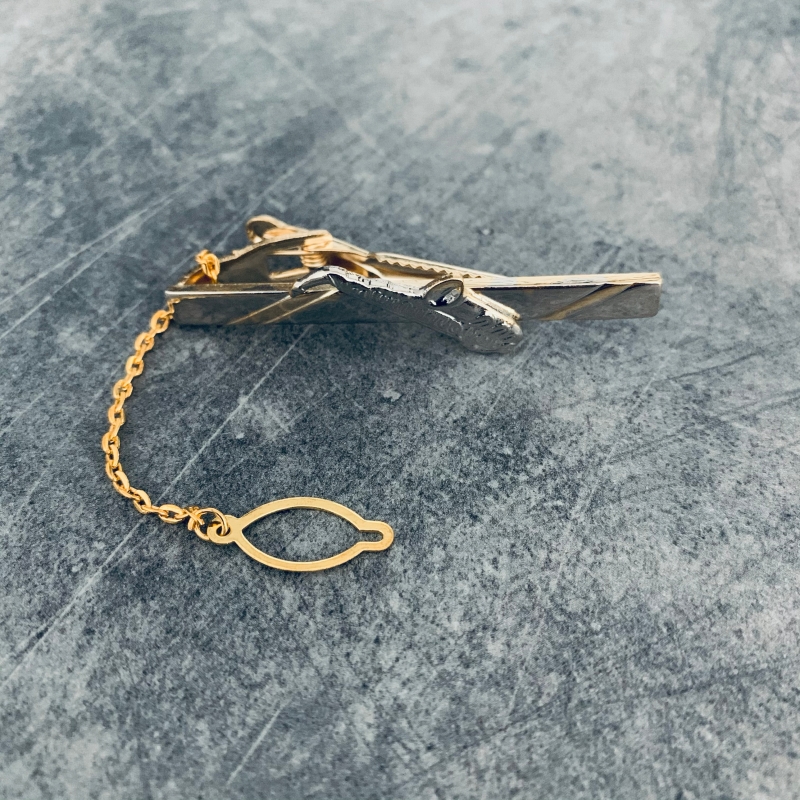 Zlato - stříbrný set - spona na kravatu a manžetové knoflíčky Saxofon