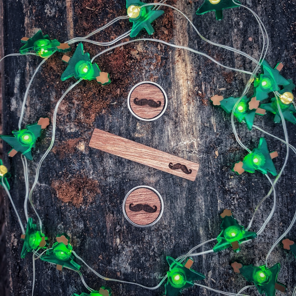 Dřevěný set - spona na kravatu a manžetové knoflíčky Wood Knír 