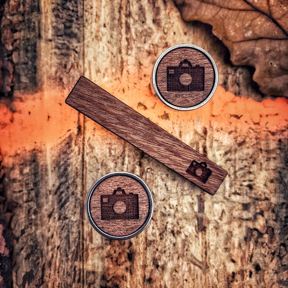 Dřevěný set - spona na kravatu a manžetové knoflíčky Wood Fotoaparát 