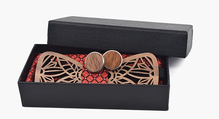 Dřevěný červený set motýlek Geometric Flower + manžetové knoflíčky + kapesník