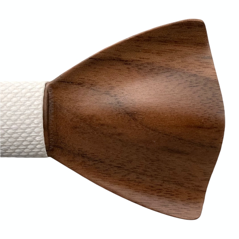 Dřevěný bílý set - motýlek Sharp Rounded + manžetové knoflíčky + kapesník