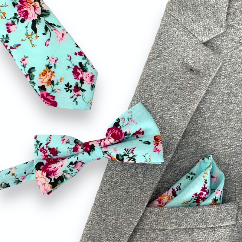 Tyrkysový set kravata, motýlek a kapesník Růže 