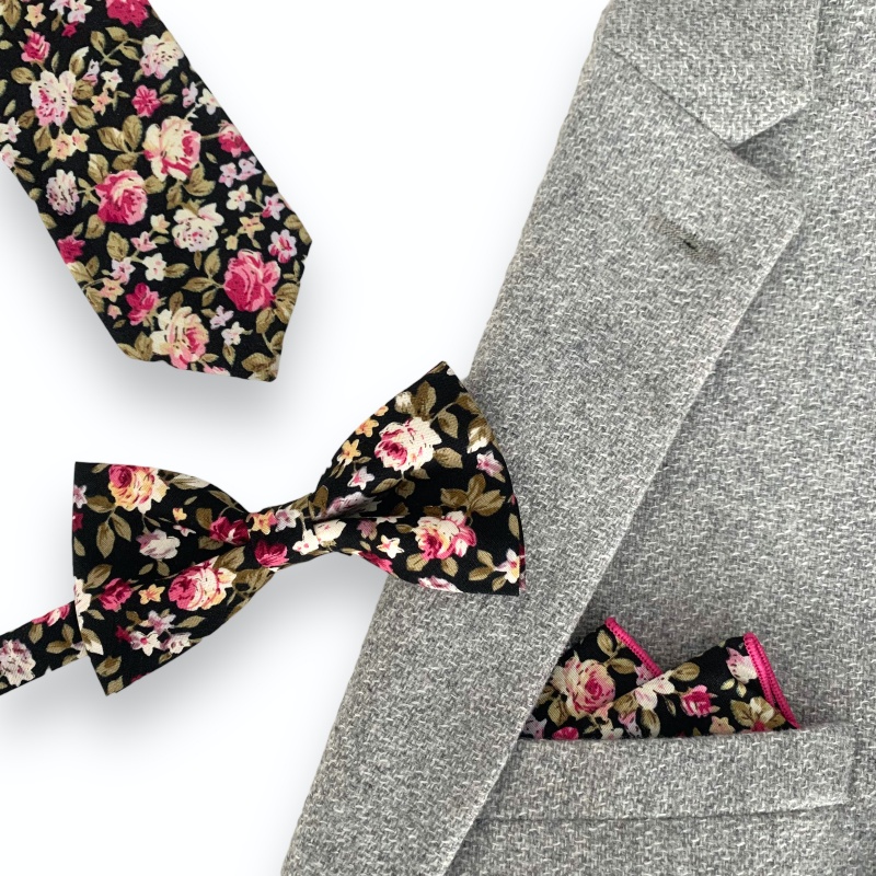 Černý set kravata, motýlek a kapesník Růže 