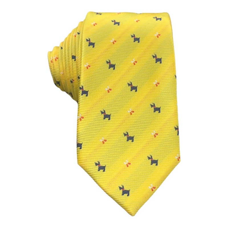 Žlutý set kravata, pánský i dětský motýlek a kapesník Pes 