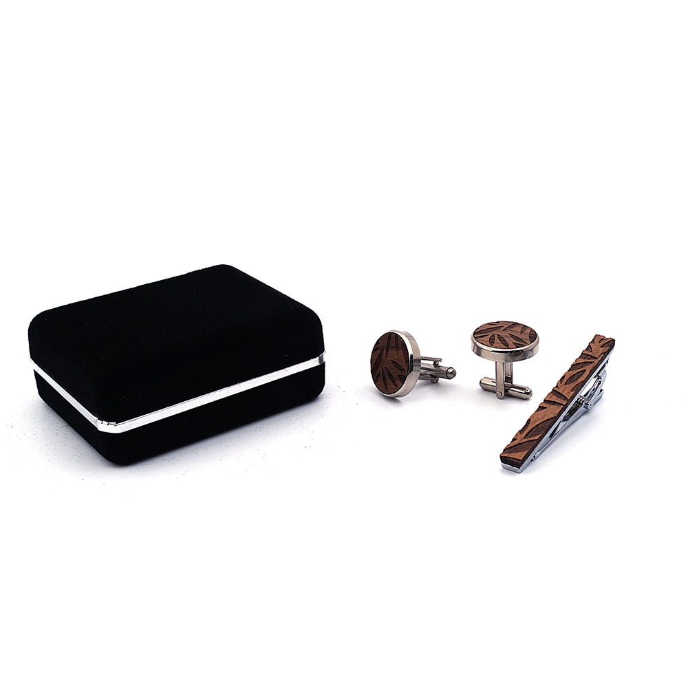 Dřevěný set - manžetové knoflíčky + spona na kravatu Leaf 