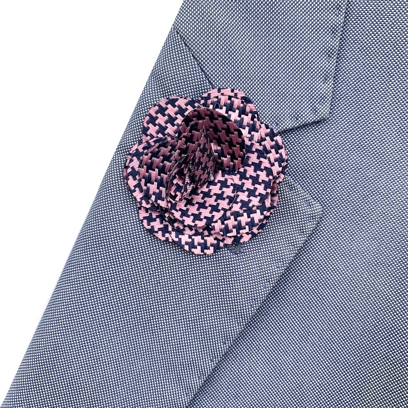 Růžový set Houndstooth - kravata, kapesník a manžetové knoflíčky + brož 