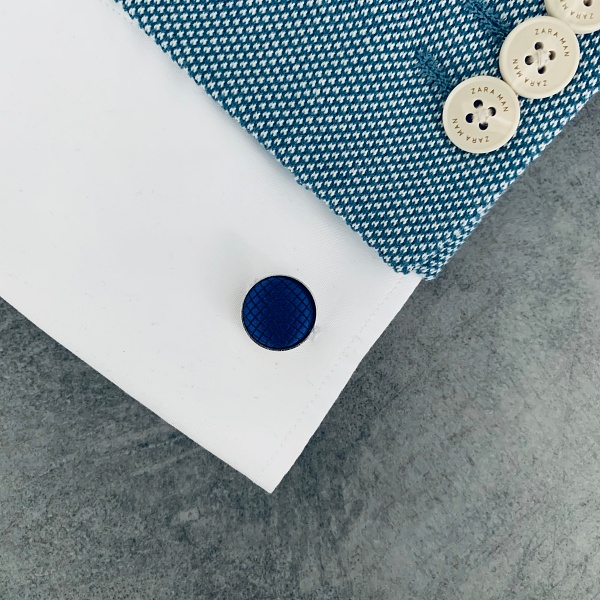 Modrý set kravata, motýlek, kapesník a manžetové knoflíčky Plaid