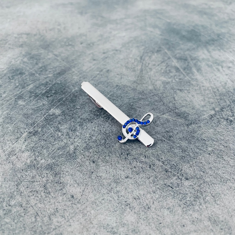 Stříbrný set - spona na kravatu a manžetové knoflíčky Houslový klíč modrý