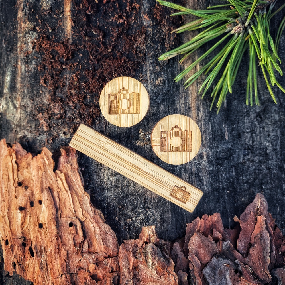 Dřevěný set - spona na kravatu a manžetové knoflíčky Fotoaparát