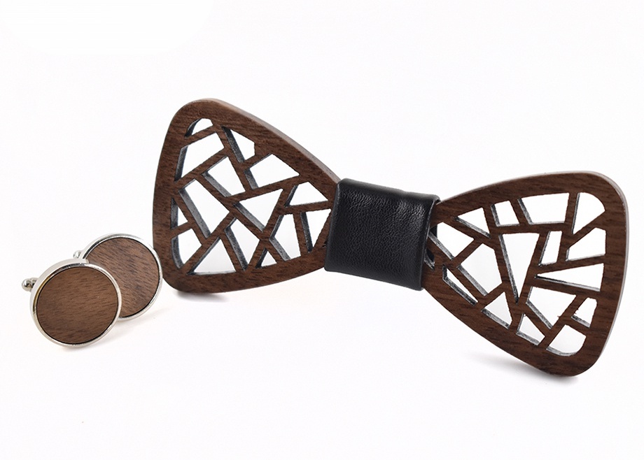 Dřevěný pánský motýlek Geometric Leather + manžetové knoflíčky 