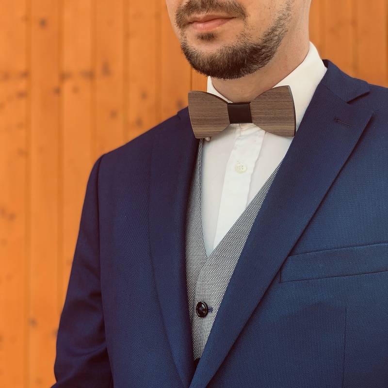 Dřevěný pánský set - motýlek Classic Leather + manžetové knoflíčky 