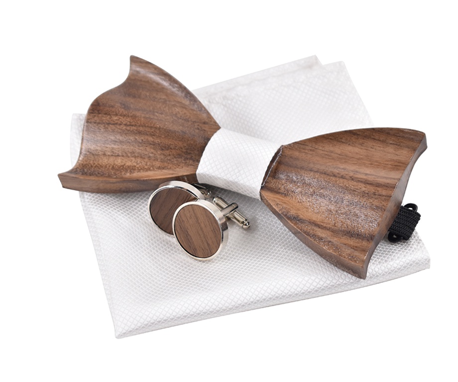 Dřevěný bílý set - motýlek Sharp 3D + manžetové knoflíčky + kapesník