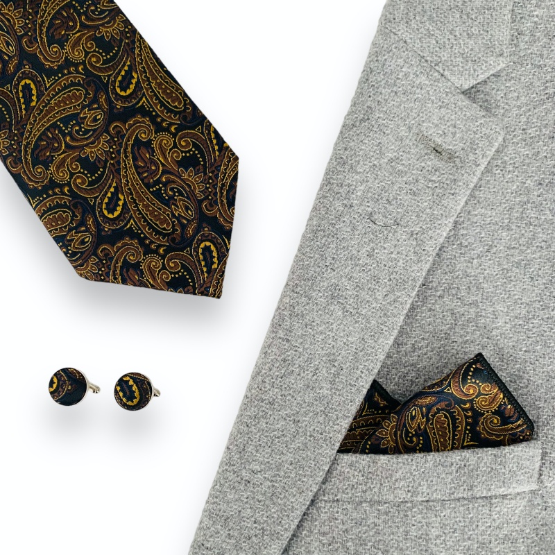 Hnědo - zlatý set kravata, kapesník a manžetové knoflíčky Vintage 