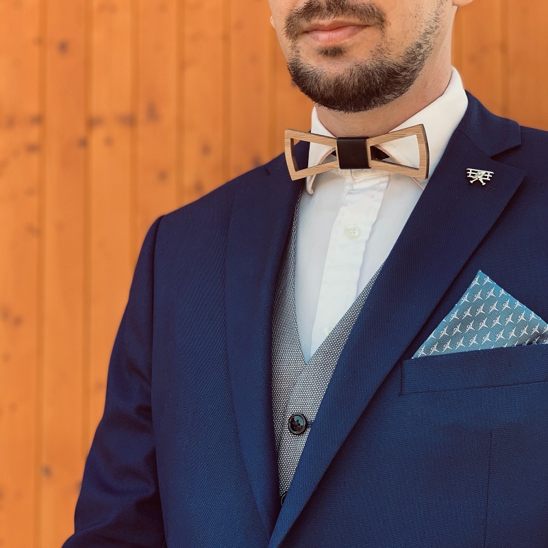 Dřevěný set - motýlek, manžetky + spona na kravatu Vrtule slim 