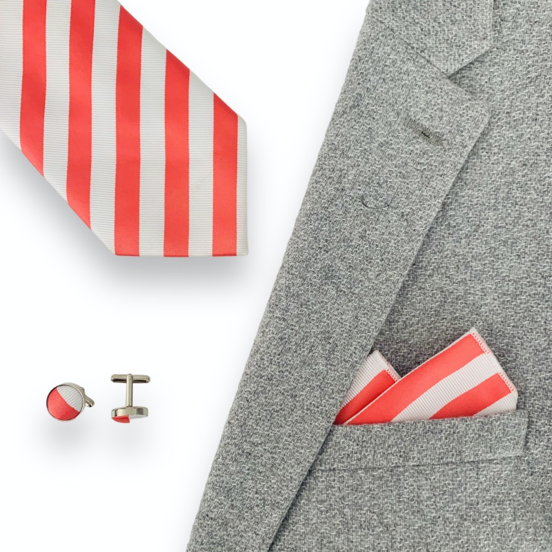 Růžovo - bílý set kravata, kapesník a manžetové knoflíčky Stripe 