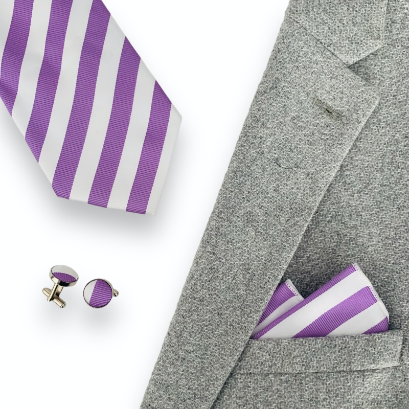 Fialovo - bílý set kravata, kapesník a manžetové knoflíčky Stripe 