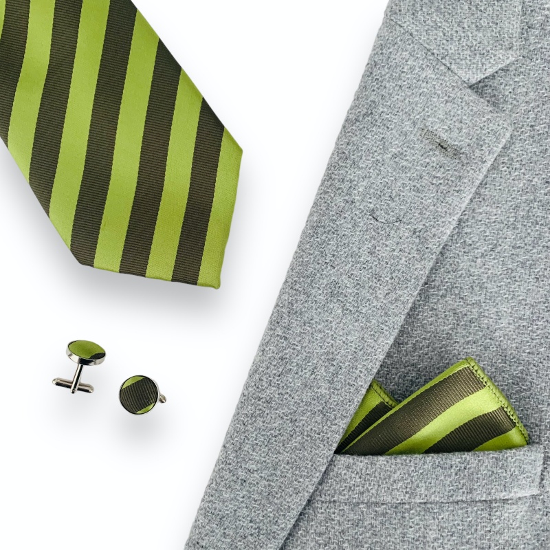 Zeleno - zelený set kravata, kapesník a manžetové knoflíčky Stripe 