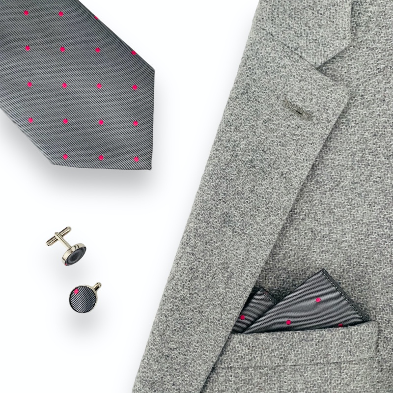 Šedo - růžový set kravata, kapesník a manžetové knoflíčky Dot 