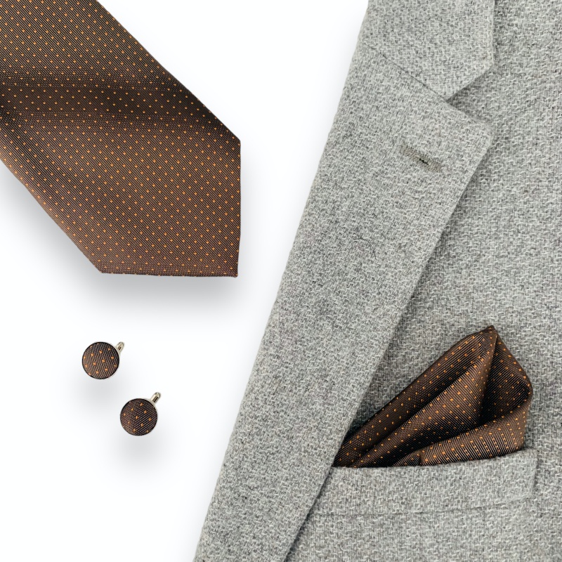 Hnědo - oranžový set kravata, kapesník a manžetové knoflíčky Small dot