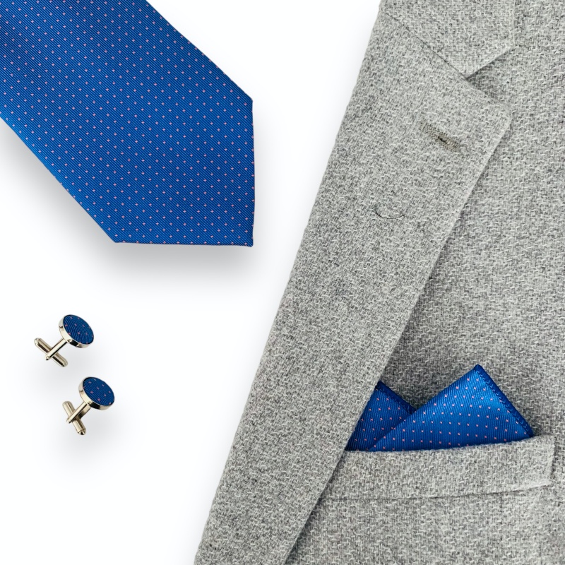 Modro - růžový set kravata, kapesník a manžetové knoflíčky Small dot